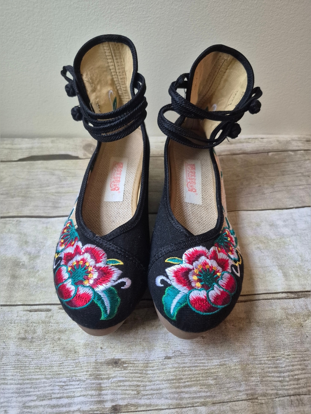 Black Embroidered Floral Ankle-Tie Wedges